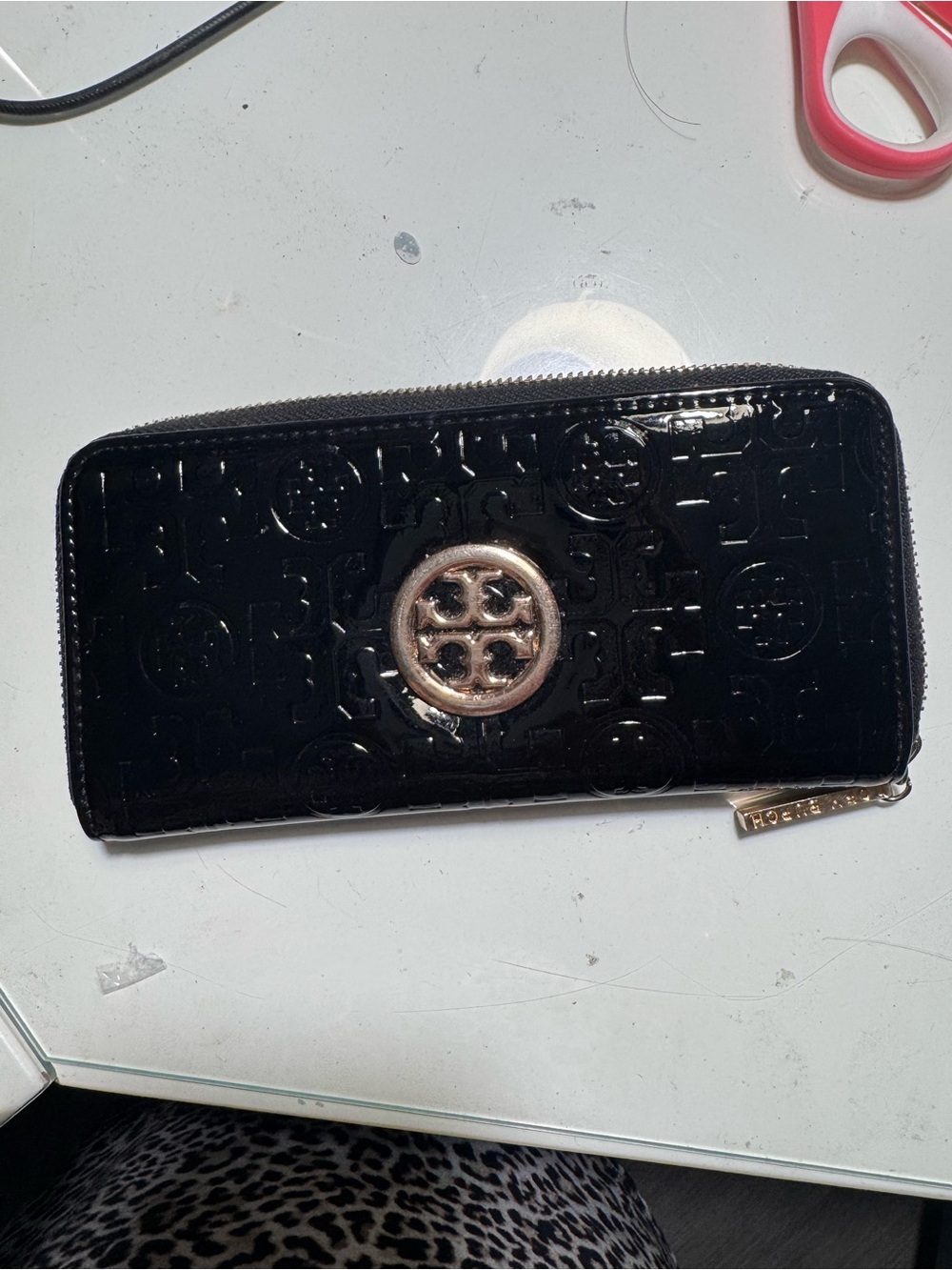 Tory Burch Black and Gold Logo Zip Pull Wallet
